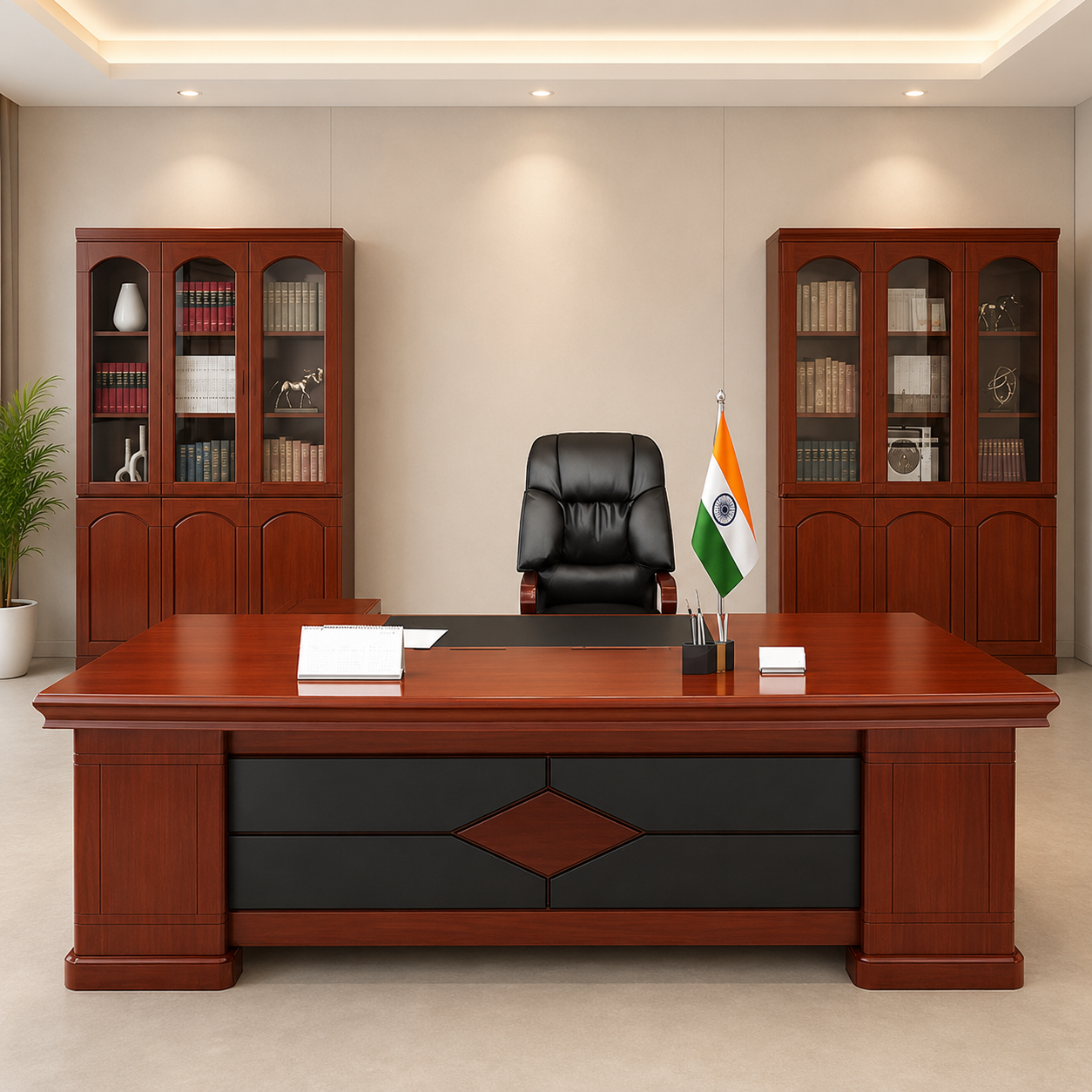Executive Office Table for Office Cabin, MDF with Laminate & PU Finish, Premium Wooden Boss Desk with Storage Unit for Corporate Workspace & Director Cabin