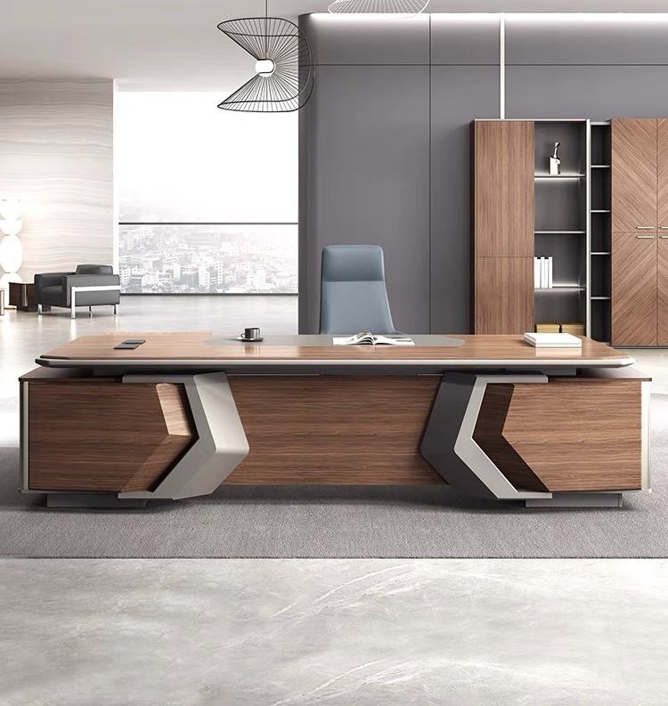 Director Table with Side Storage Cabinet in Walnut Finish | Premium MDF Office Desk with Laminate &amp; PU Finish for Corporate Cabin and Workspace