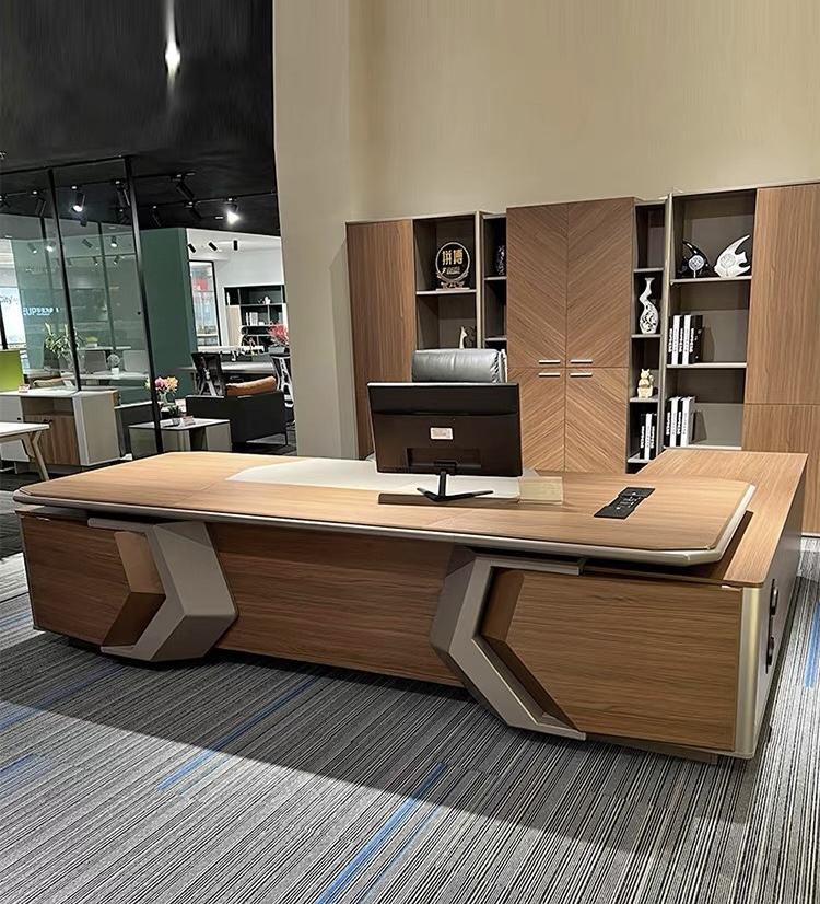 Director Table with Side Storage Cabinet in Walnut Finish | Premium MDF Office Desk with Laminate &amp; PU Finish for Corporate Cabin and Workspace