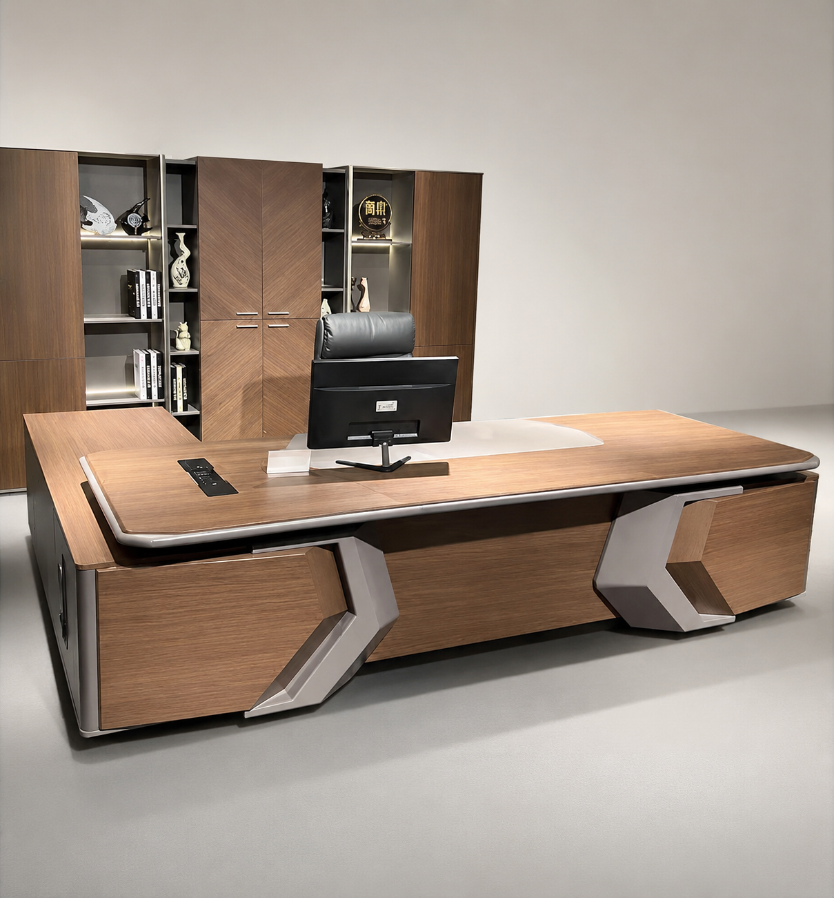 Director Table with Side Storage Cabinet in Walnut Finish | Premium MDF Office Desk with Laminate &amp; PU Finish for Corporate Cabin and Workspace