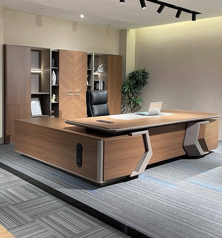 Director Table with Side Storage Cabinet in Walnut Finish | Premium MDF Office Desk with Laminate &amp; PU Finish for Corporate Cabin and Workspace