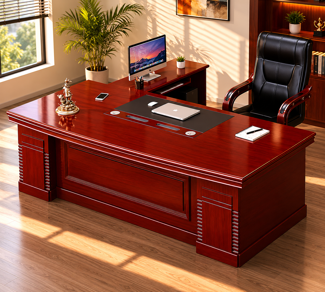 Luxury Executive Director Office Desk with Side Storage Unit & Premium Wooden Finish for Modern CEO Cabin, Corporate Workspace & Professional Office Setup
