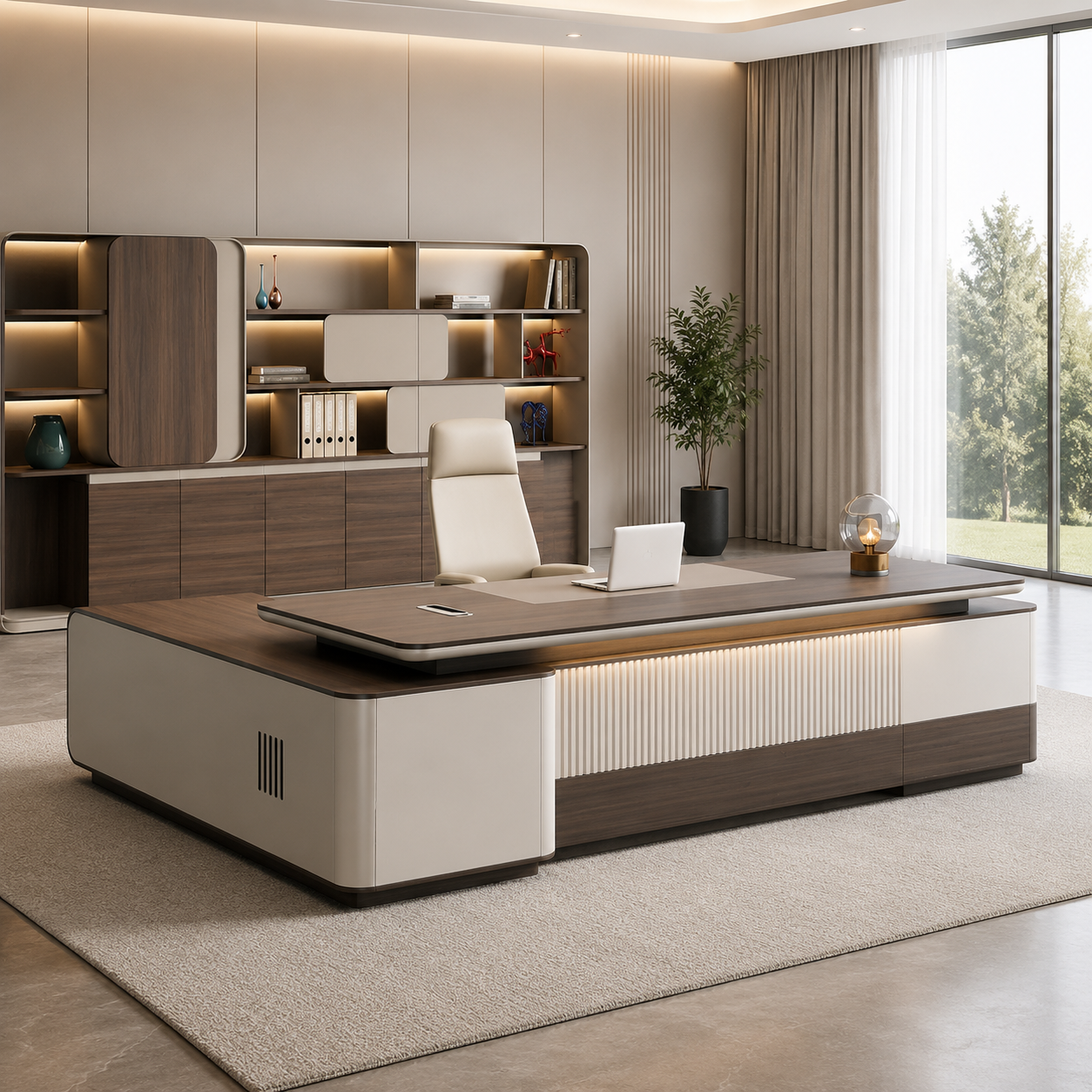 Luxury Executive Director Table with Side Storage Cabinet and Premium Wooden Finish | MDF Office Desk with Laminate &amp; PU Coating for Corporate Cabins and Workspaces