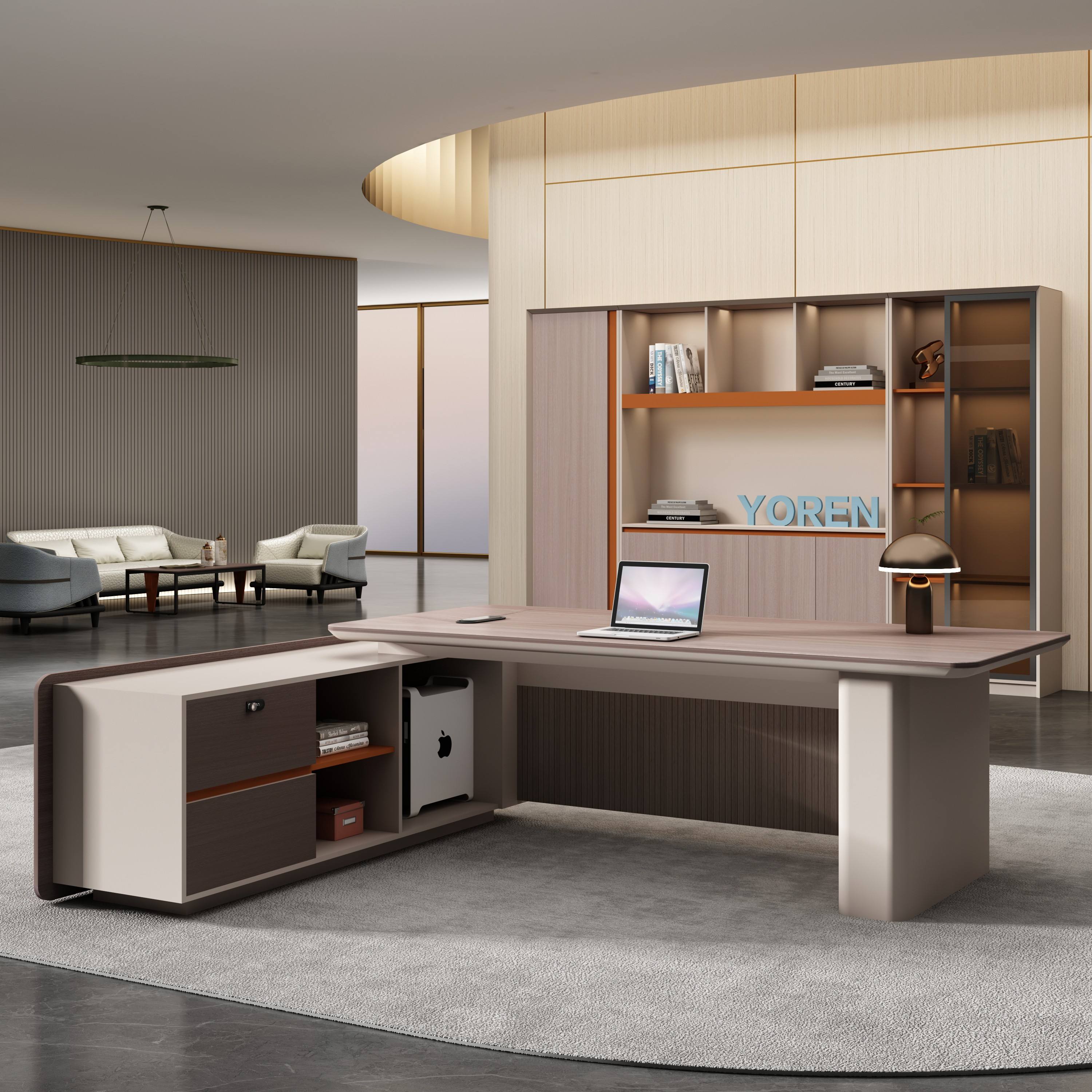 Modern Luxury Director Office Table with Side Storage, Premium Wood, Spacious Worktop And Contemporary Executive Desk Design for Corporate Cabins