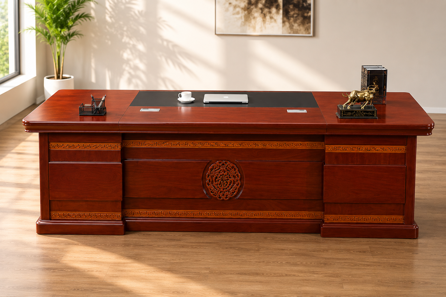 Director Desk with Side Storage Return, Luxury Wooden Office Table for CEO Cabin, Corporate Workspace & Modern Professional Office Interiors
