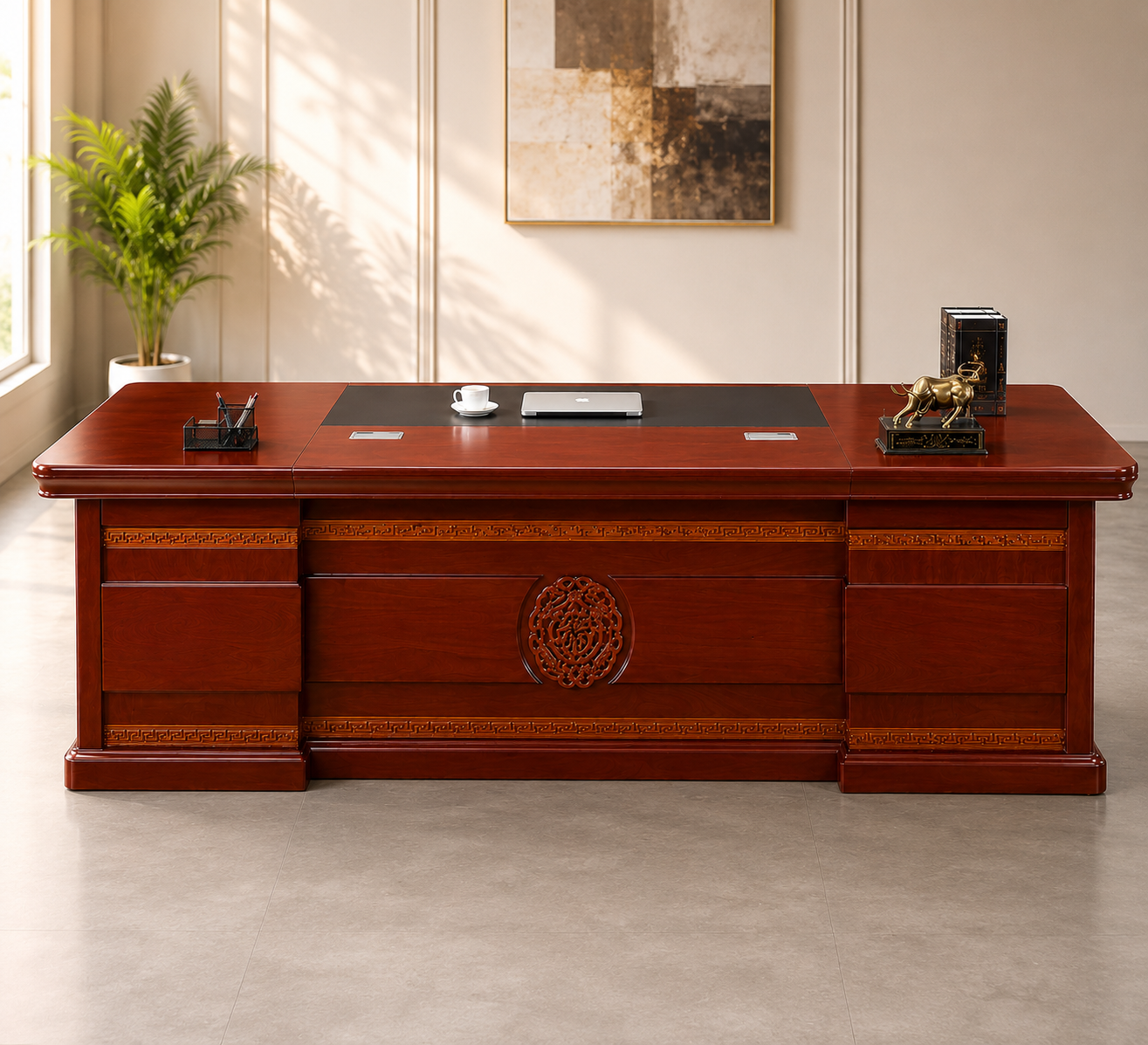 Director Desk with Side Storage Return, Luxury Wooden Office Table for CEO Cabin, Corporate Workspace & Modern Professional Office Interiors
