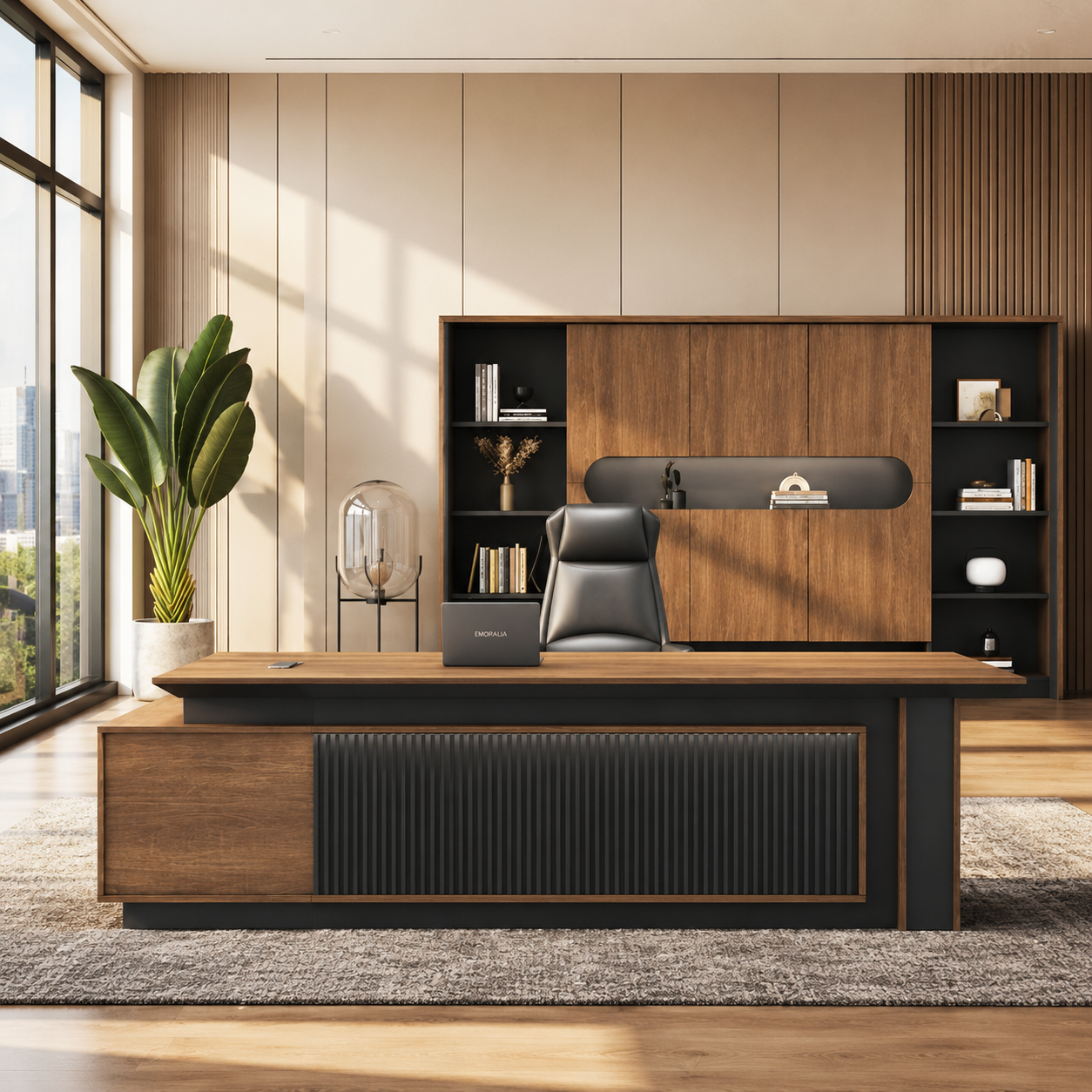 Luxury Executive Director Office Table with Side Storage Cabinet, Premium MDF Construction & Contemporary Corporate Workspace Design