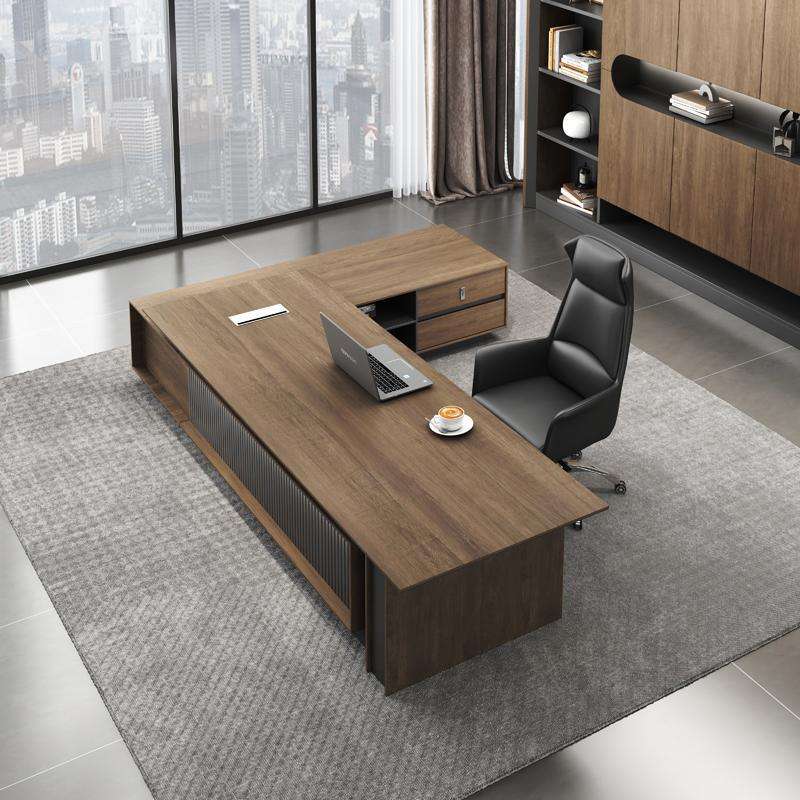 Luxury Executive Director Office Table with Side Storage Cabinet, Premium MDF Construction & Contemporary Corporate Workspace Design