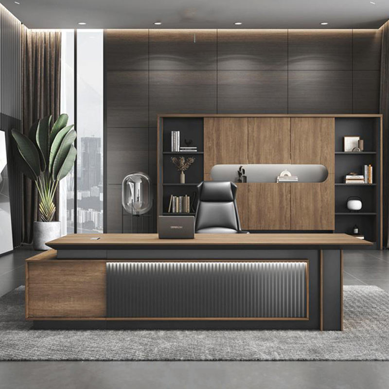 Luxury Executive Director Office Table with Side Storage Cabinet, Premium MDF Construction & Contemporary Corporate Workspace Design