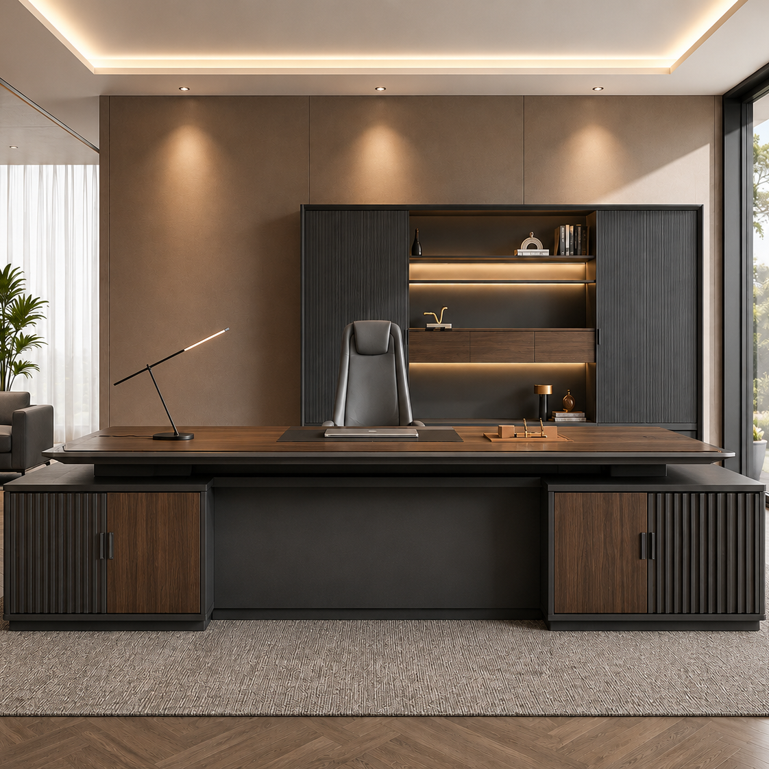 Modern Executive Director Table with Premium Walnut, Side Storage And Contemporary Luxury Office Workspace Design