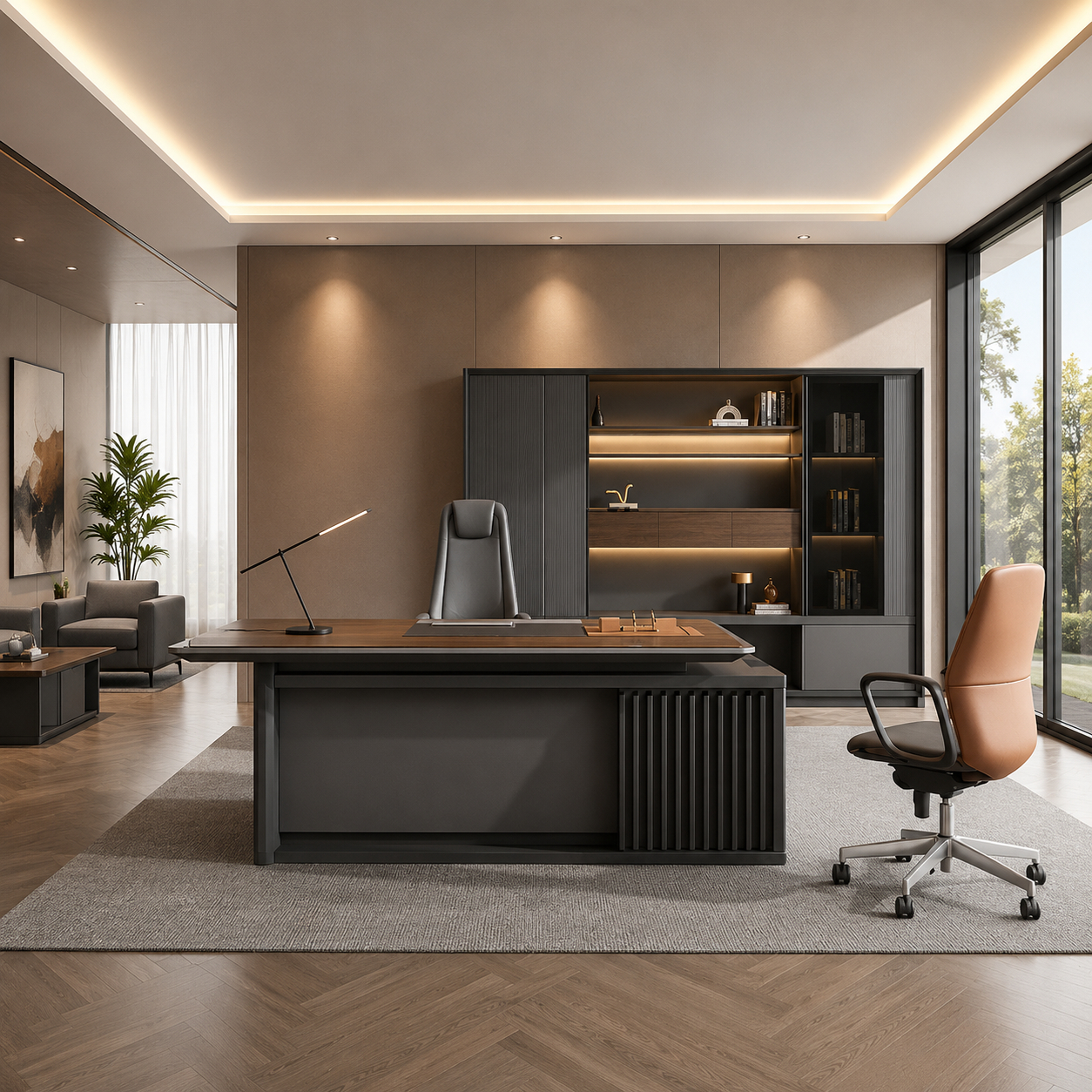Modern Executive Director Table with Premium Walnut Finish, Side Storage Cabinet & Contemporary Luxury Office Workspace Design