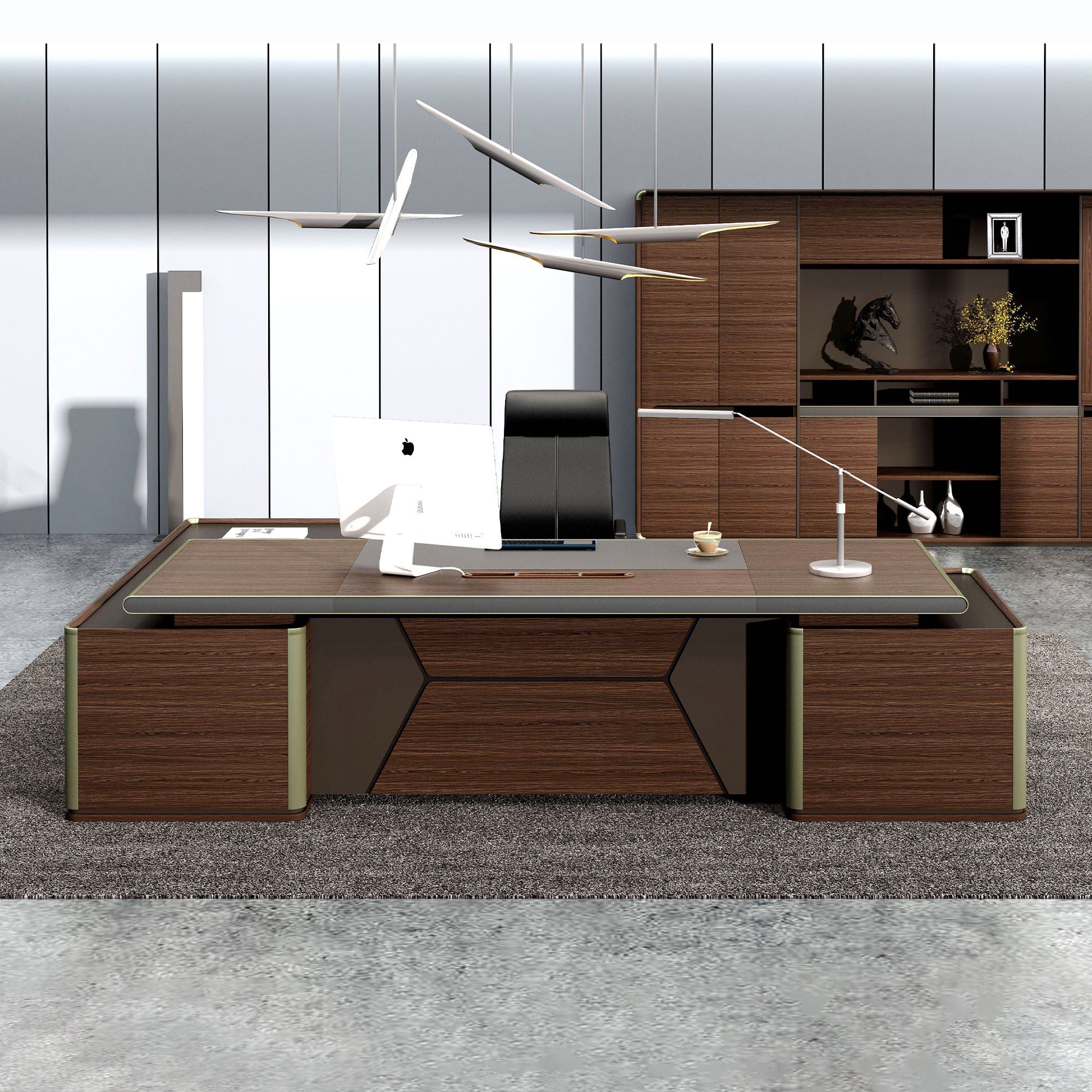 Luxury Executive Director Table with Side Storage Unit, Premium Walnut, Spacious Worktop And Modern Office Design for Corporate Cabins and Executive W