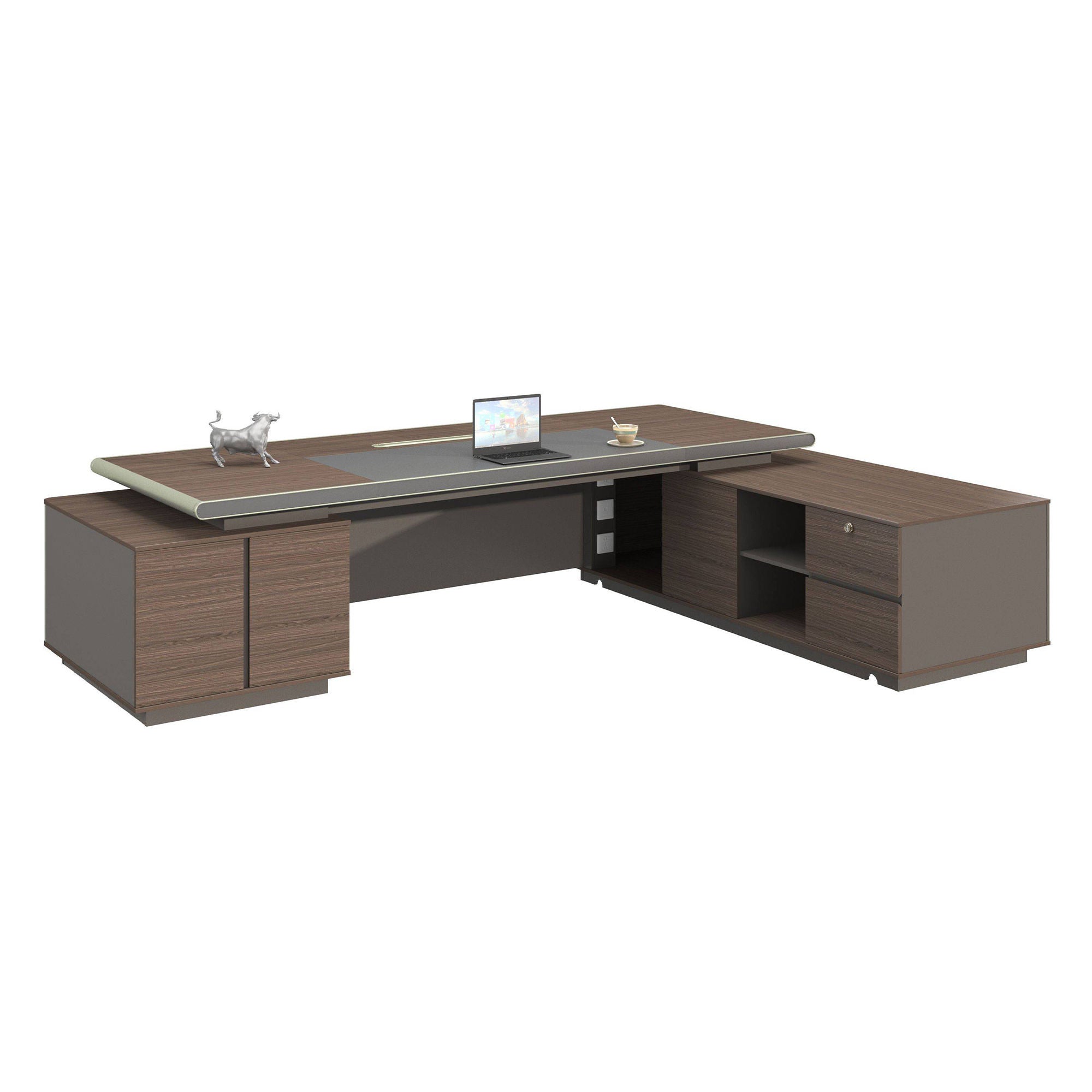 Luxury Executive Director Table with Side Storage Unit, Premium Walnut, Spacious Worktop And Modern Office Design for Corporate Cabins and Executive W