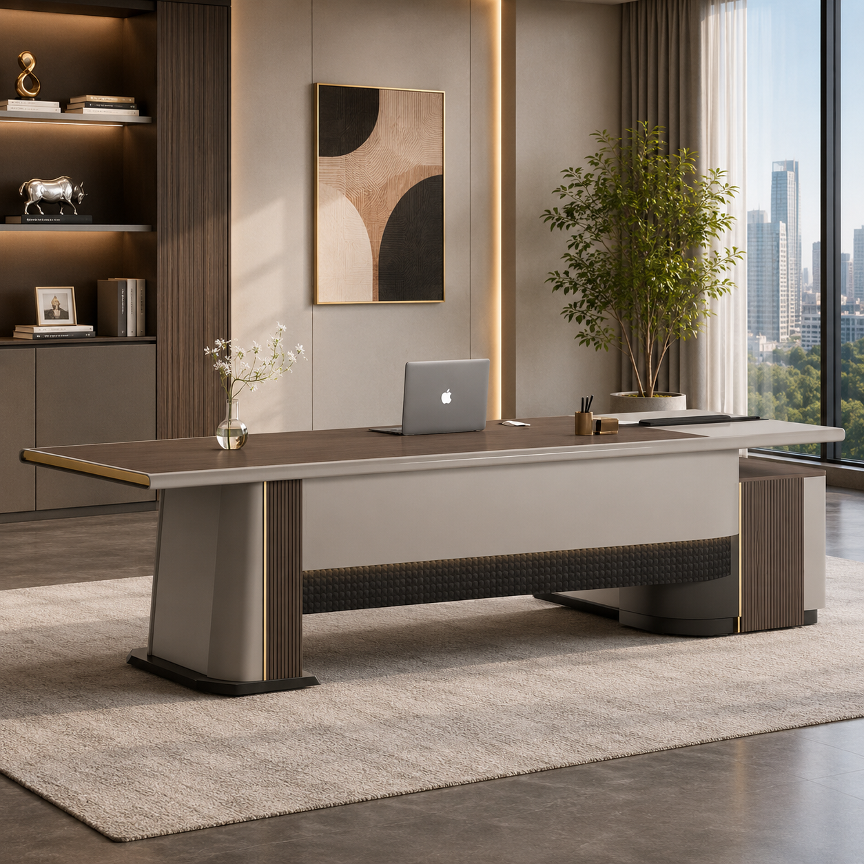Contemporary Executive Director Table with Premium Laminate Finish, Integrated Side Storage, Elegant Minimal Design & Modern Luxury Office Workspace Styling