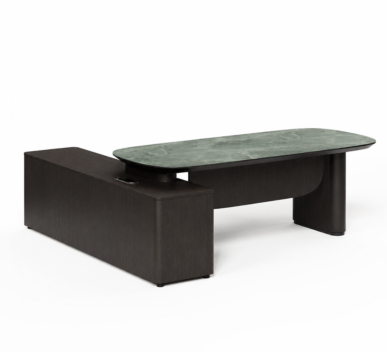 Luxury Executive Director Office Table with Green Marble Finish Top, Integrated Side Storage Cabinet, Modern Curved Structure & Premium Contemporary Workspace Design