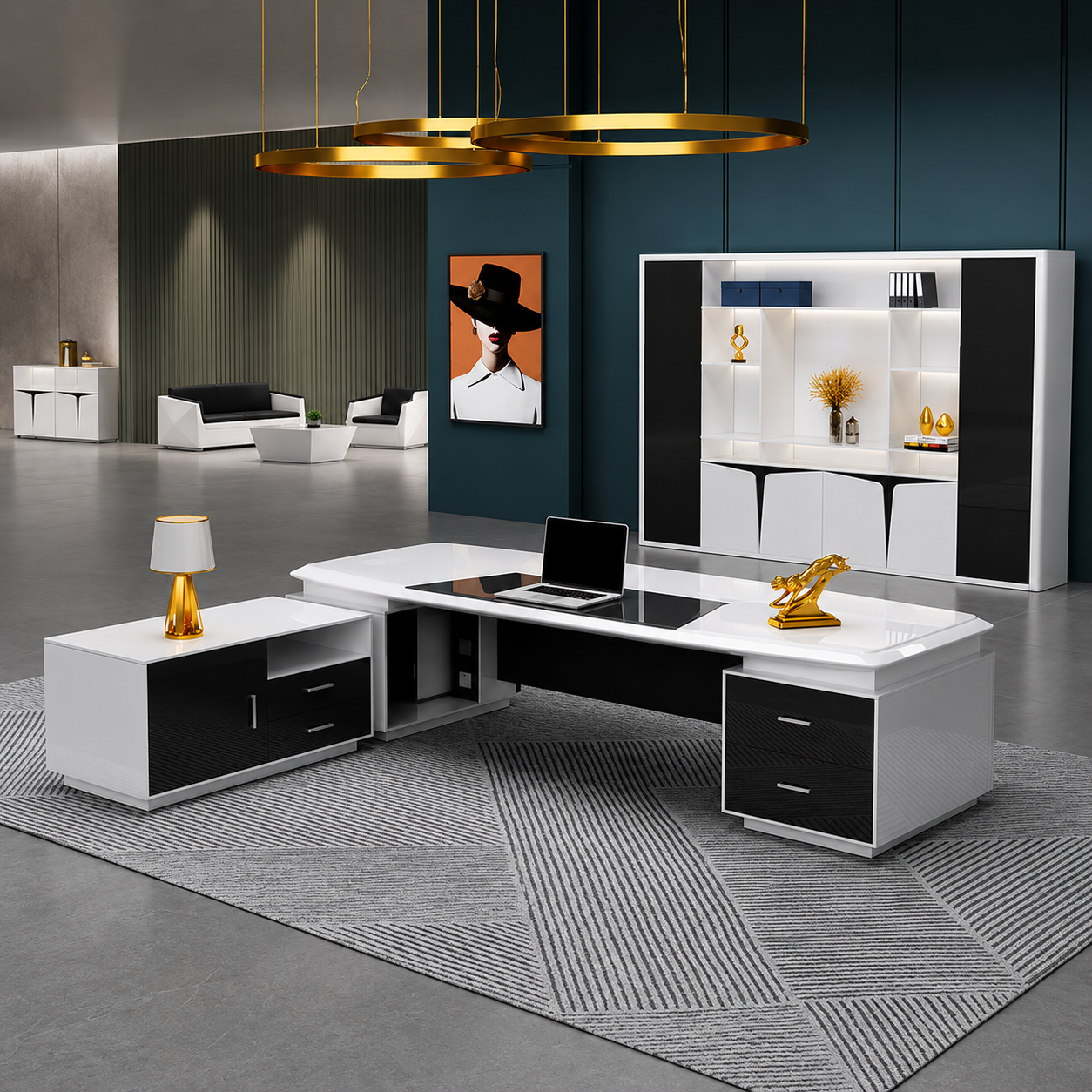 White L Shape Executive Office Table with Side Credenza | Luxury Director Desk for CEO Cabin, Corporate Office & Workspace