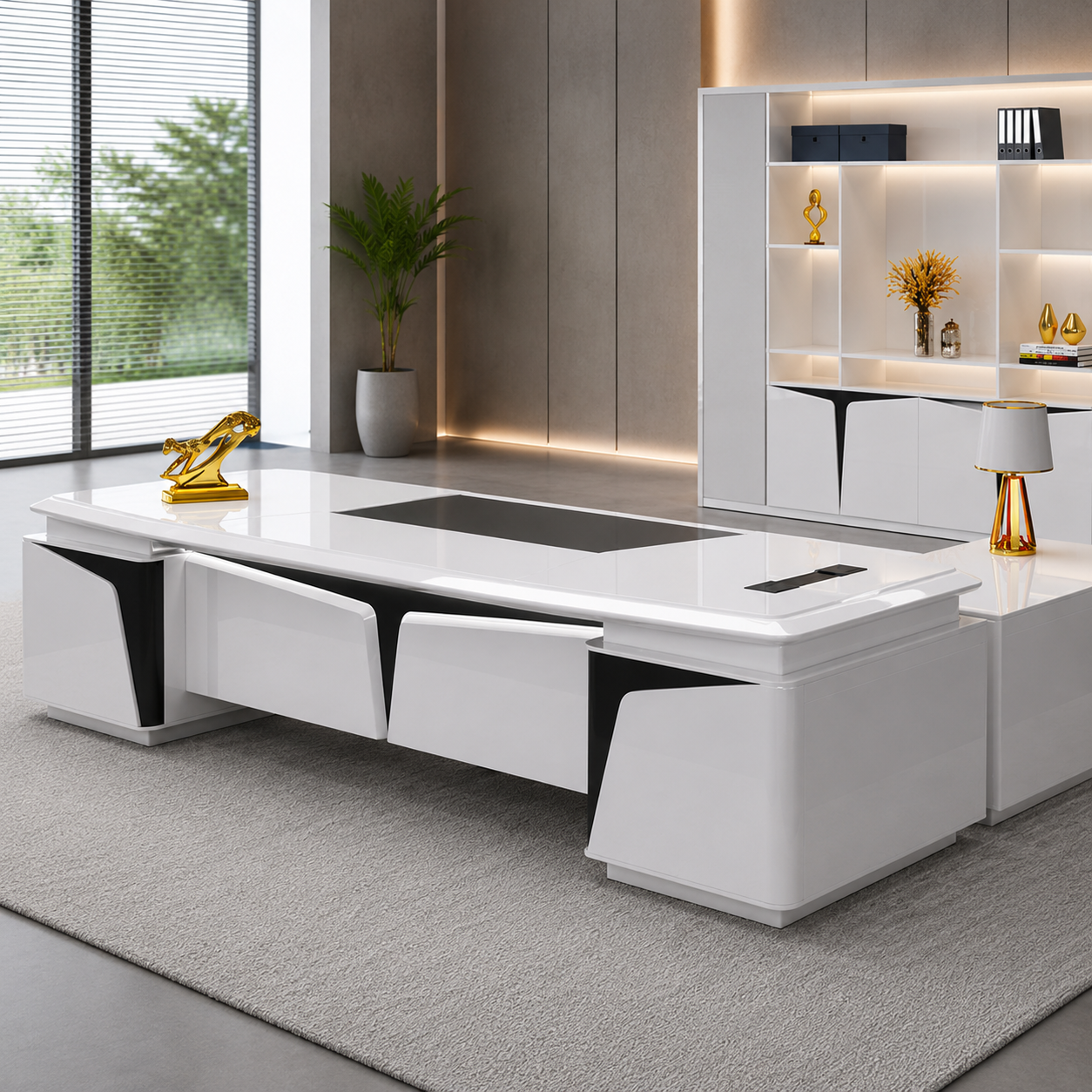 White L Shape Executive Office Table with Side Credenza | Luxury Director Desk for CEO Cabin, Corporate Office & Workspace