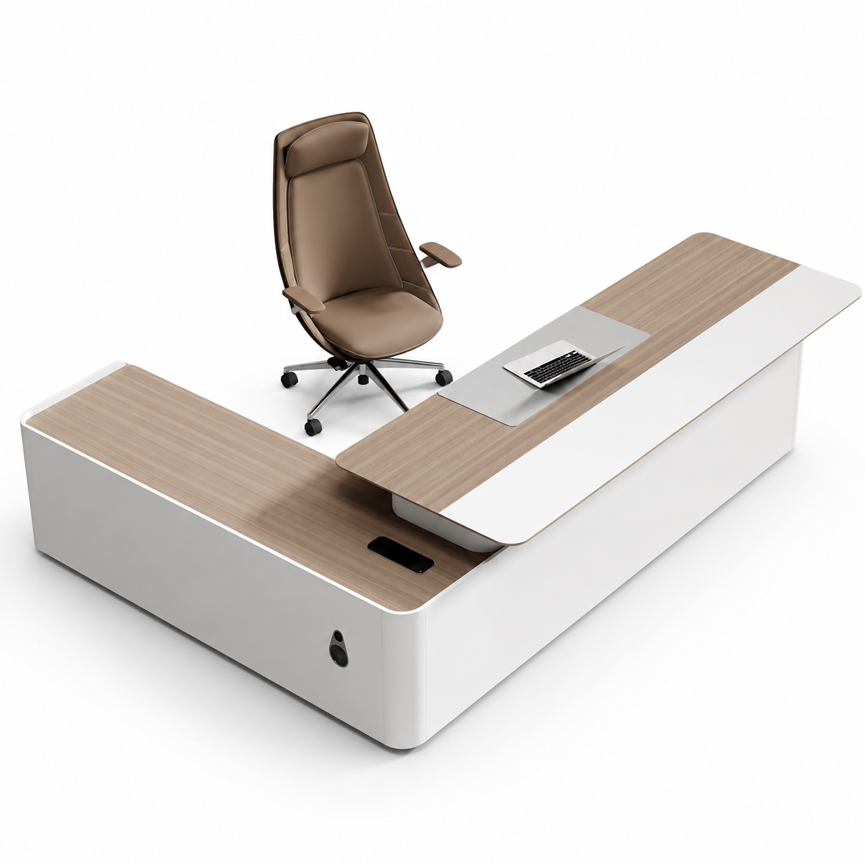 Modern Luxury Executive Office Desk with Side Storage Unit, Premium MDF Laminate Finish, Contemporary White & Wood Manager Table for Corporate Workspace