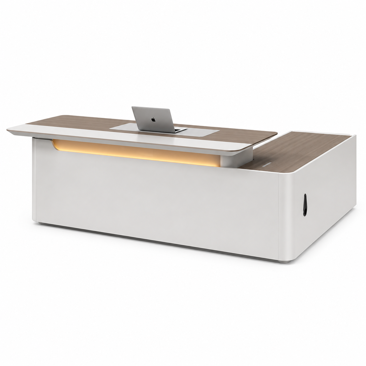 Modern Luxury Executive Office Desk with Side Storage Unit, Premium MDF Laminate Finish, Contemporary White & Wood Manager Table for Corporate Workspace