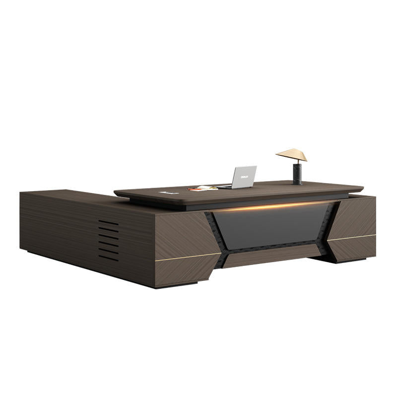 Office Desk with Side Storage Unit | Modern Dark Wood MDF Office Table with Laminate Finish for Luxury Workspace & Cabin Interiors
