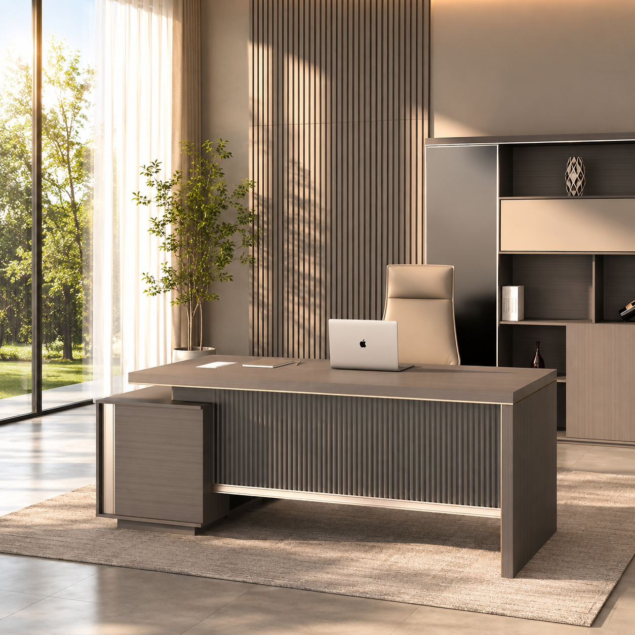 Luxury Executive Office Desk with Storage Cabinet | Modern MDF Laminate Manager Table for Corporate Cabin & Premium Workspace Interiors