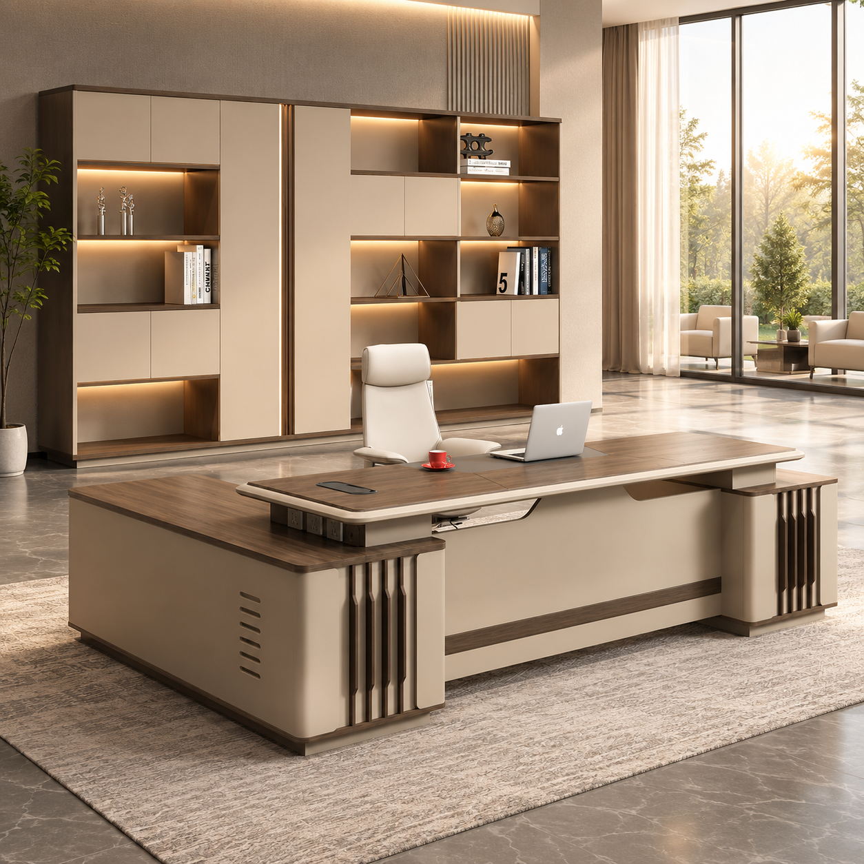 Office Table with Side Storage Cabinet | Modern MDF Laminate & PU Finish Manager Desk for Corporate Cabin Interiors