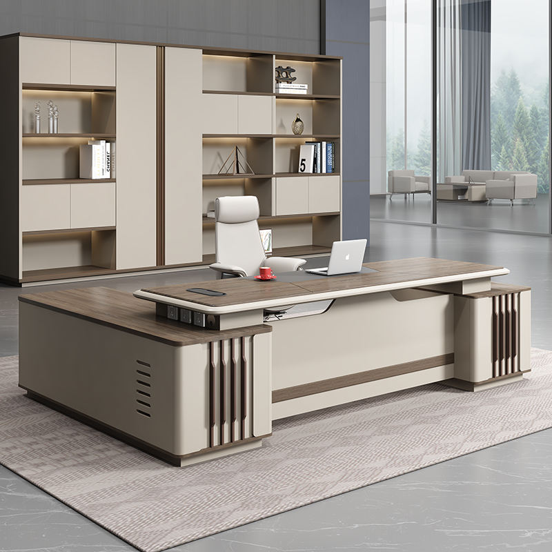Office Table with Side Storage Cabinet | Modern MDF Laminate & PU Finish Manager Desk for Corporate Cabin Interiors