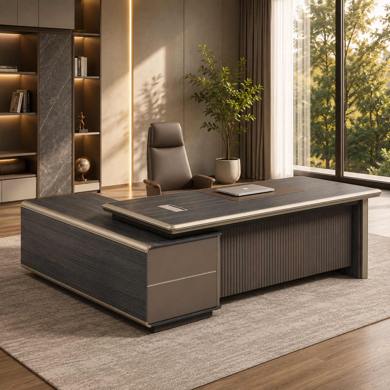 Luxury Executive Office Table with Side Storage Unit | Premium MDF, Laminate & PU Finish Modern Manager Desk for Corporate Office Interiors