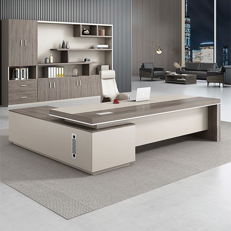 Modern Executive Office Table with Side Storage & Upholstered Detailing | Premium MDF, Veneer, PU and Leatherette Finish Luxury Office Desk