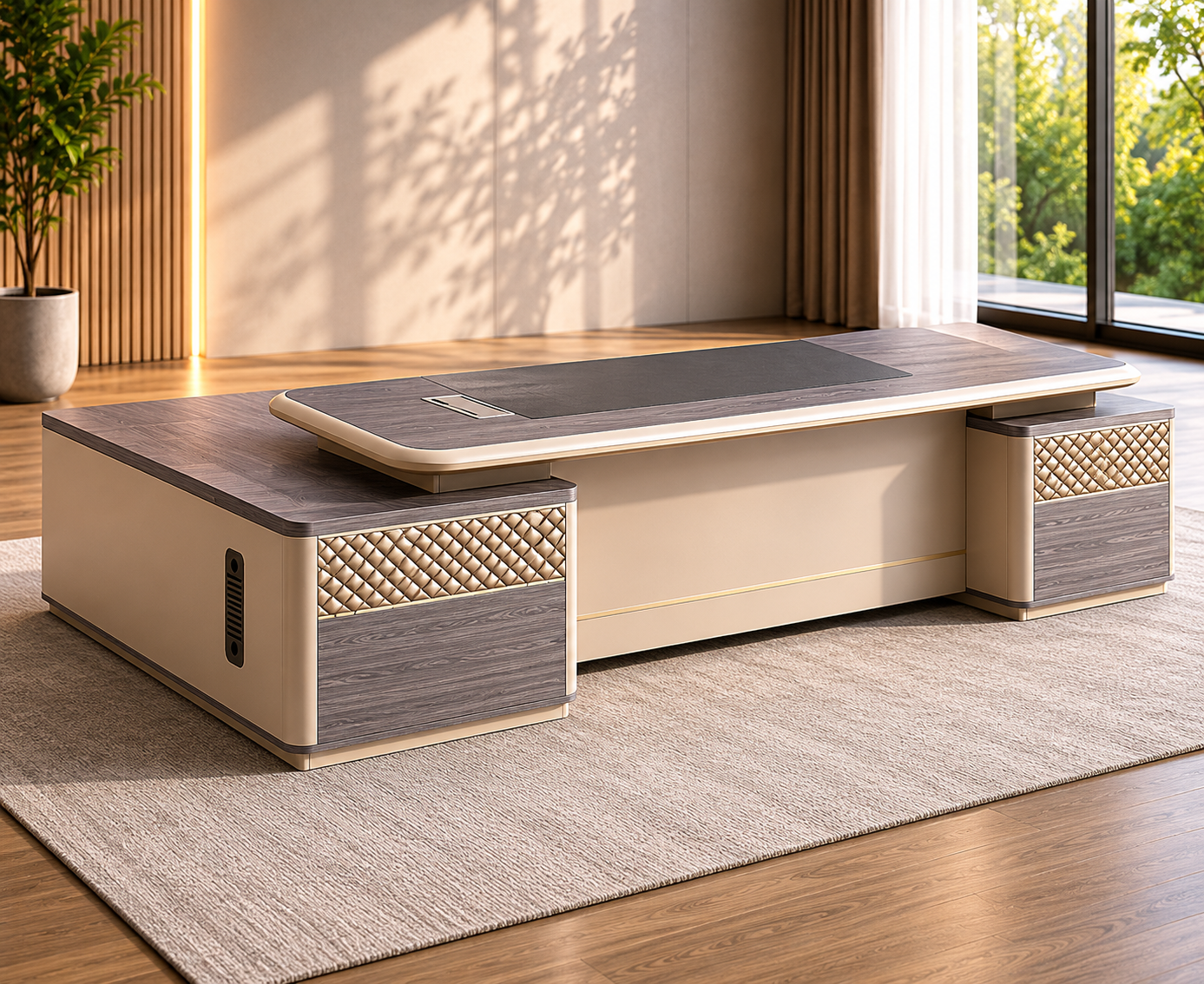Modern Executive Office Table with Side Storage & Upholstered Detailing | Premium MDF, Veneer, PU and Leatherette Finish Luxury Office Desk