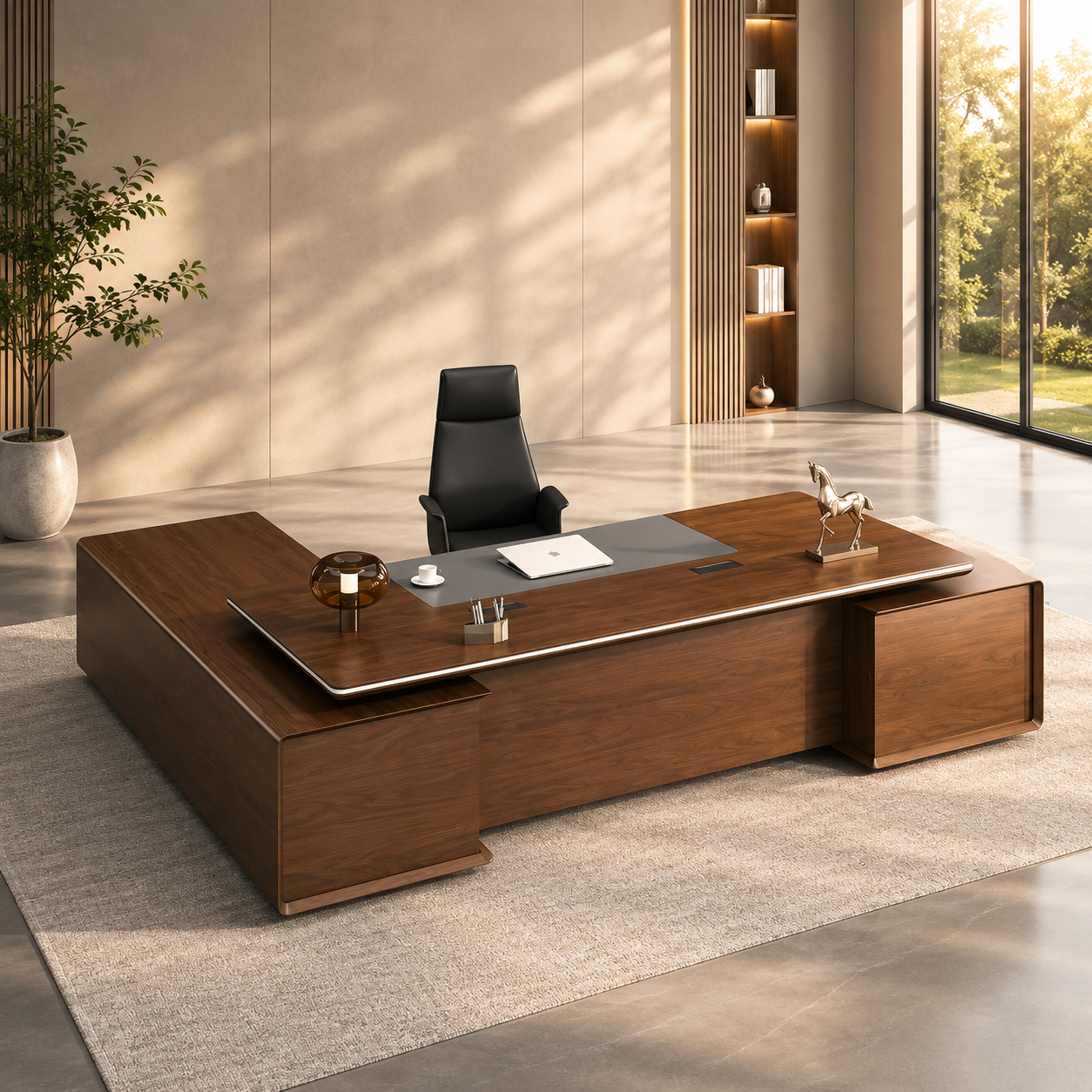 Luxury Executive Office Table with Side Storage | Premium PLY Veneer &amp; PU Finish Manager Desk for Corporate Cabin and Office Interiors