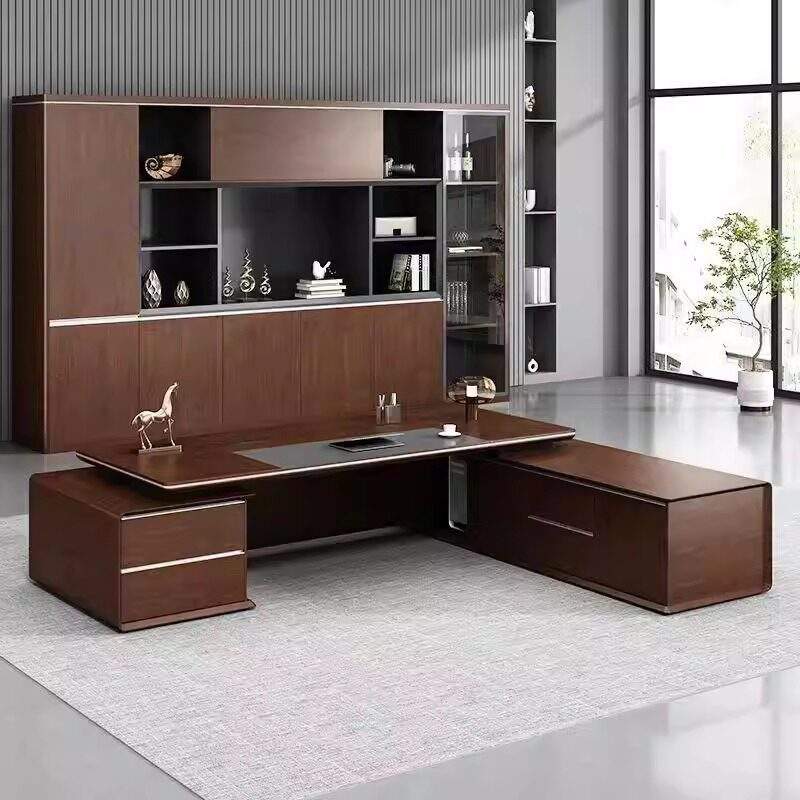 Luxury Executive Office Table with Side Storage | Premium PLY Veneer &amp; PU Finish Manager Desk for Corporate Cabin and Office Interiors