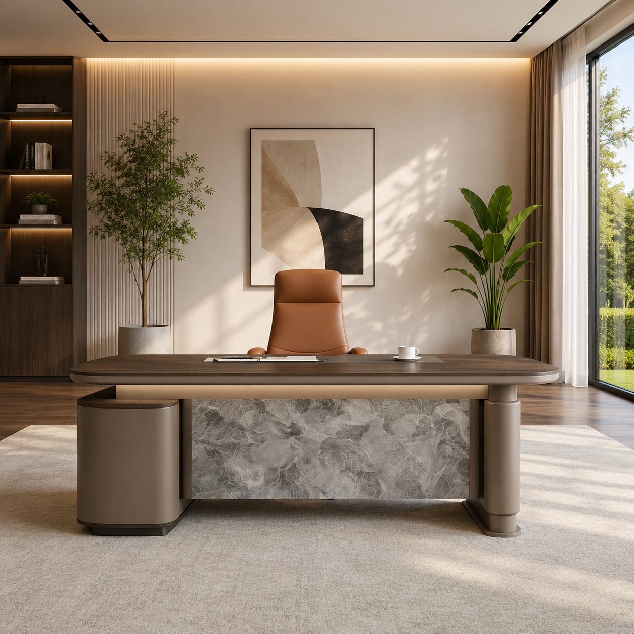 Luxury Executive Director Office Desk with Stone Accent Modesty Panel, Side Storage Unit, Premium MDF Construction and Contemporary Design