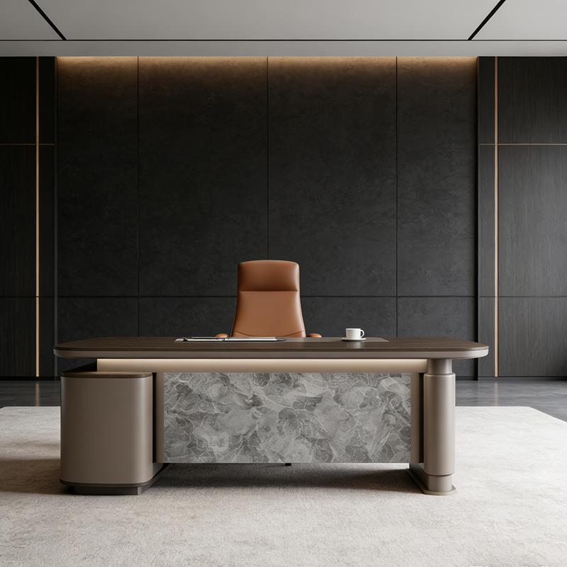 Luxury Executive Director Office Desk with Stone Accent Modesty Panel, Side Storage Unit, Premium MDF Construction and Contemporary Design