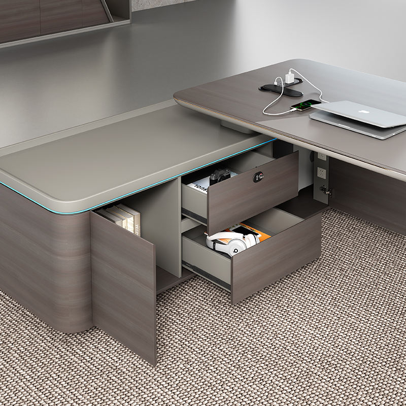 Director Desk with Side Storage Credenza, Large Office Workstation, Premium CEO Cabin Furniture for Corporate And Executive Offices