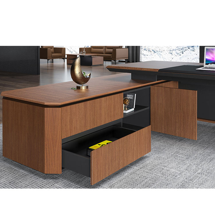 Director Desk with Side Credenza Storage, Walnut Wood Finish, Premium MDF Construction and Contemporary Office Design