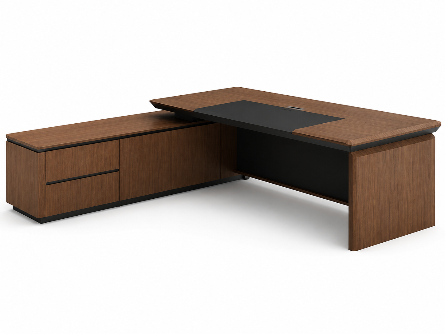 Director Desk with Side Credenza Storage, Walnut Wood Finish, Premium MDF Construction and Contemporary Office Design