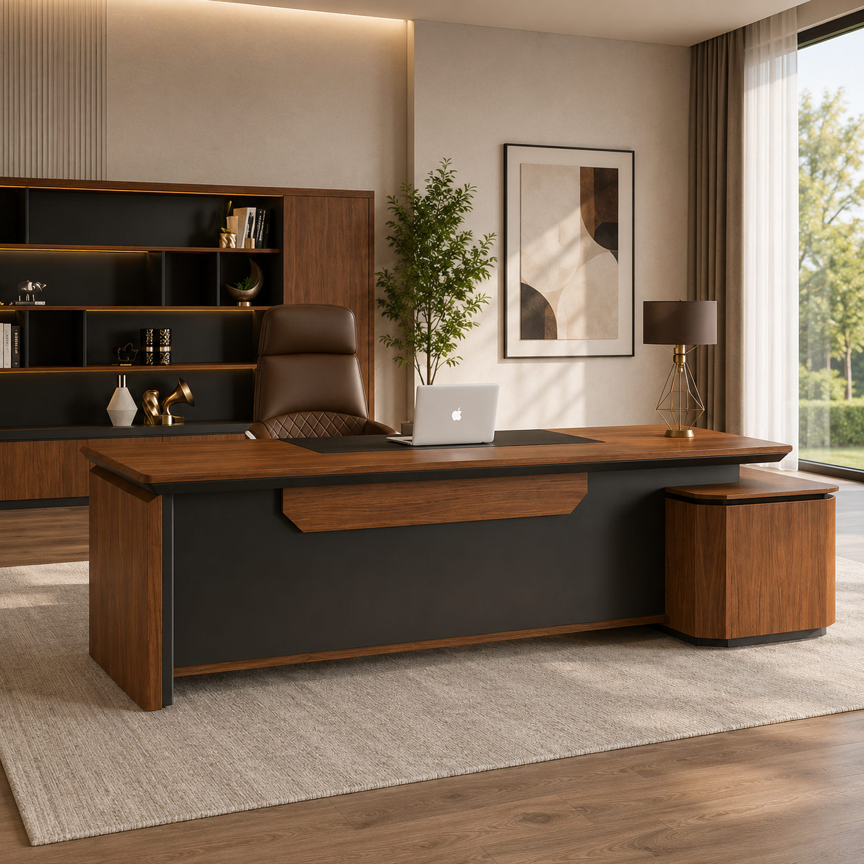 Director Desk with Side Credenza Storage, Walnut Wood Finish, Premium MDF Construction and Contemporary Office Design