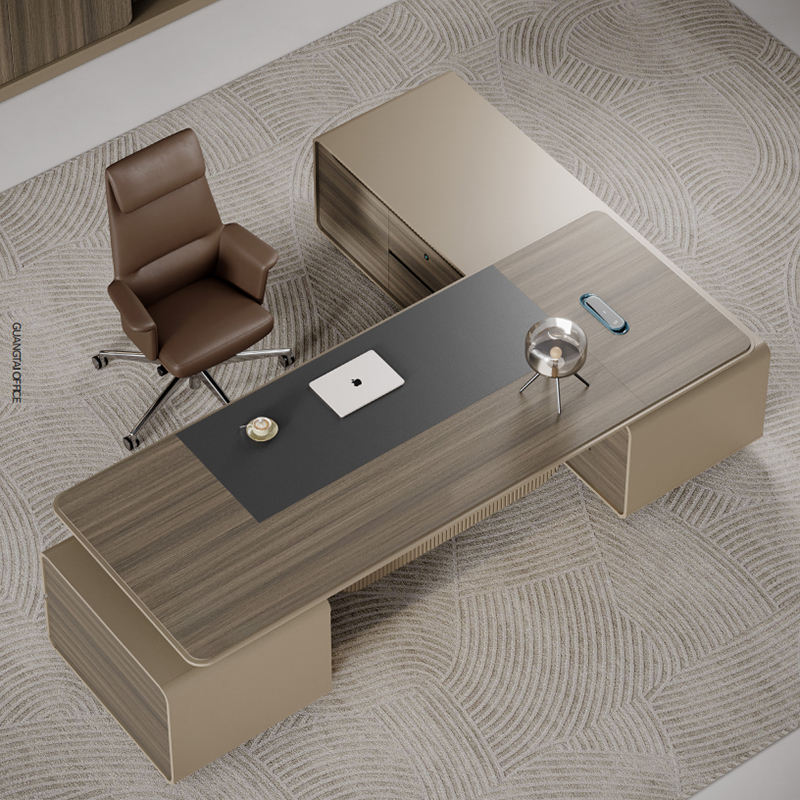 Desk with Side Storage Unit, Modern CEO Director Table, Premium MDF Workstation with Laminate & PU Finish for Corporate Cabin