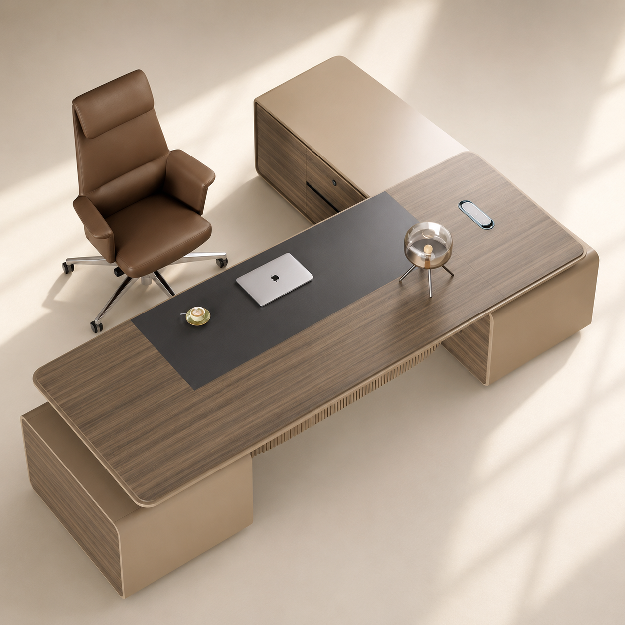 Desk with Side Storage Unit, Modern CEO Director Table, Premium MDF Workstation with Laminate & PU Finish for Corporate Cabin