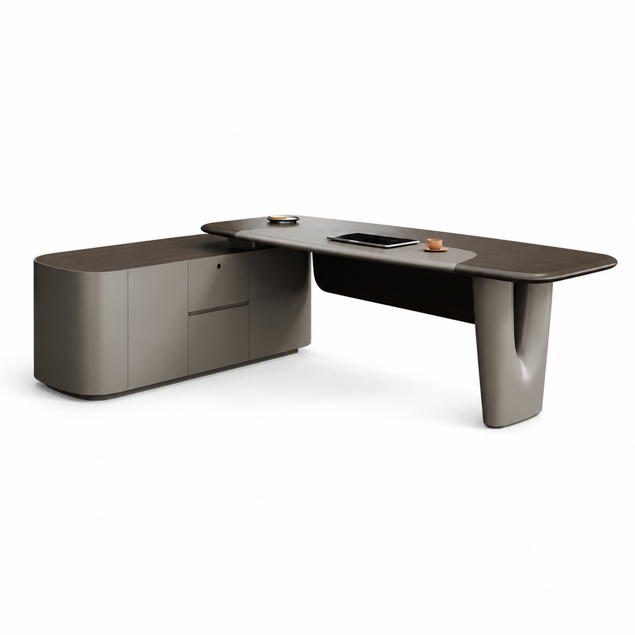 Luxury Executive Director Desk with Integrated Side Storage Cabinet, Premium MDF Laminate Office Table for Modern Corporate Workspaces