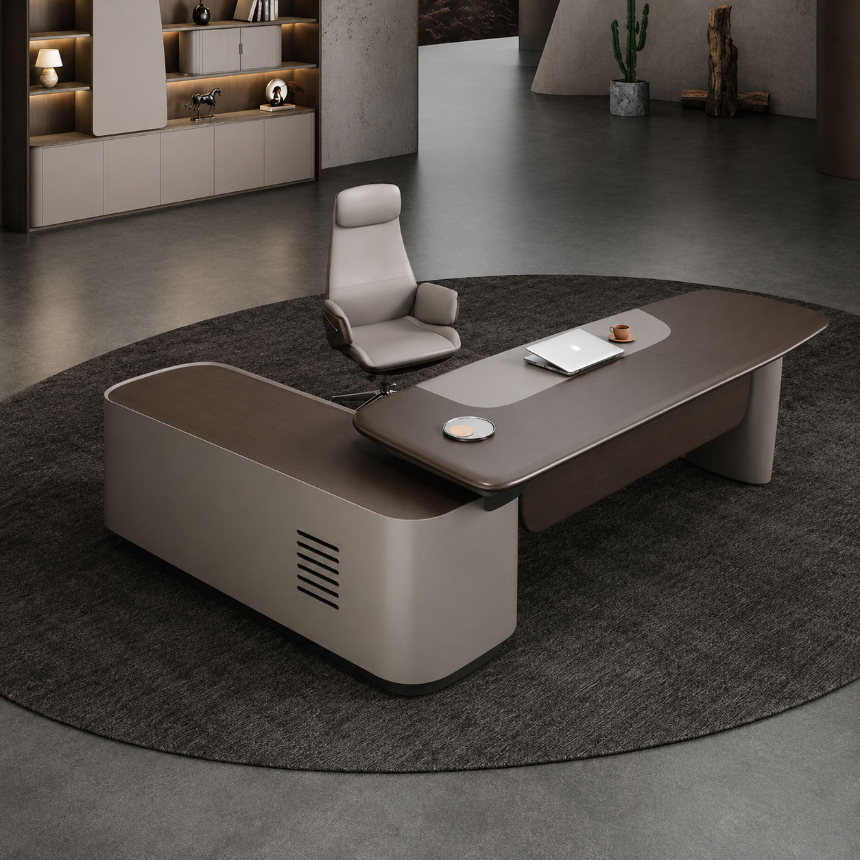 Luxury Executive Director Desk with Integrated Side Storage Cabinet, Premium MDF Laminate Office Table for Modern Corporate Workspaces