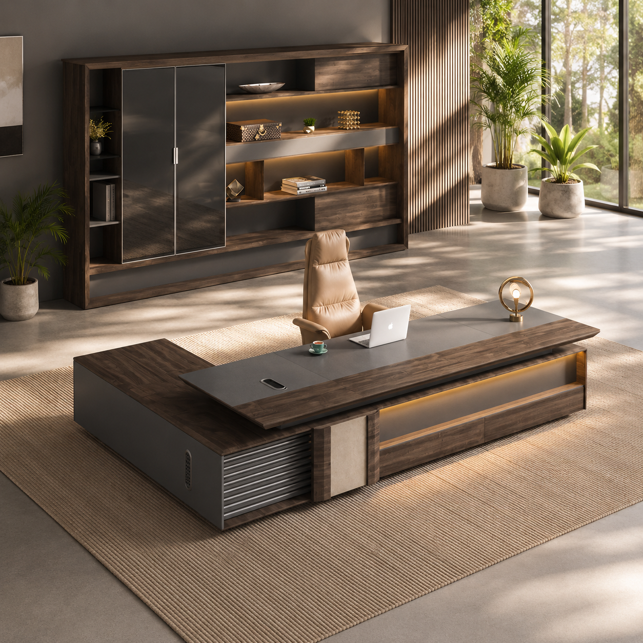 Director Office Desk with Integrated Side Credenza Storage, Premium MDF Laminate Construction for Corporate Workspaces