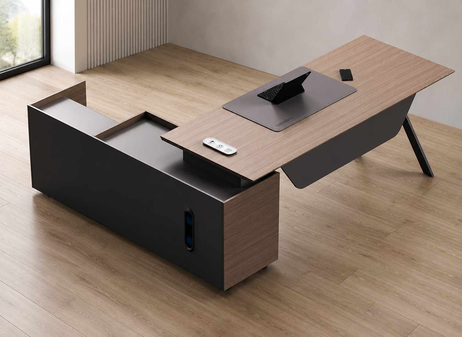 Contemporary Executive Office Desk with Side Return Storage Cabinet, Lockable Drawers, Cable Management and Modern Workspace Design