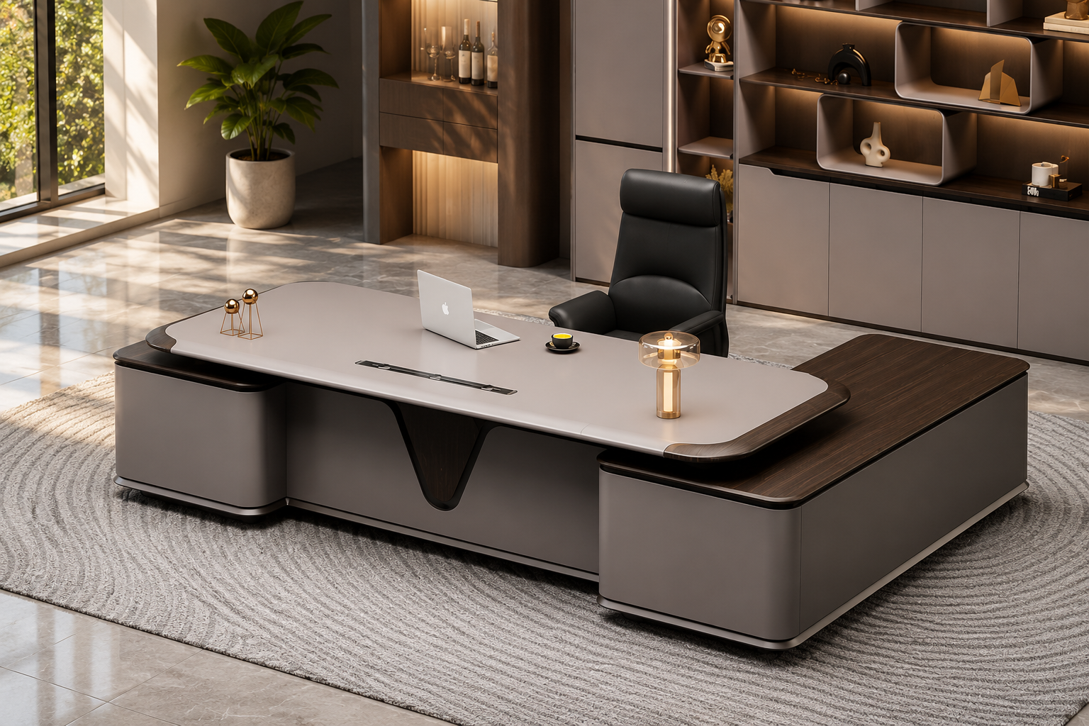 Director Office Table with Dual Side Storage Cabinets, Premium Executive Desk for CEO, Directors and Contemporary Corporate Offices