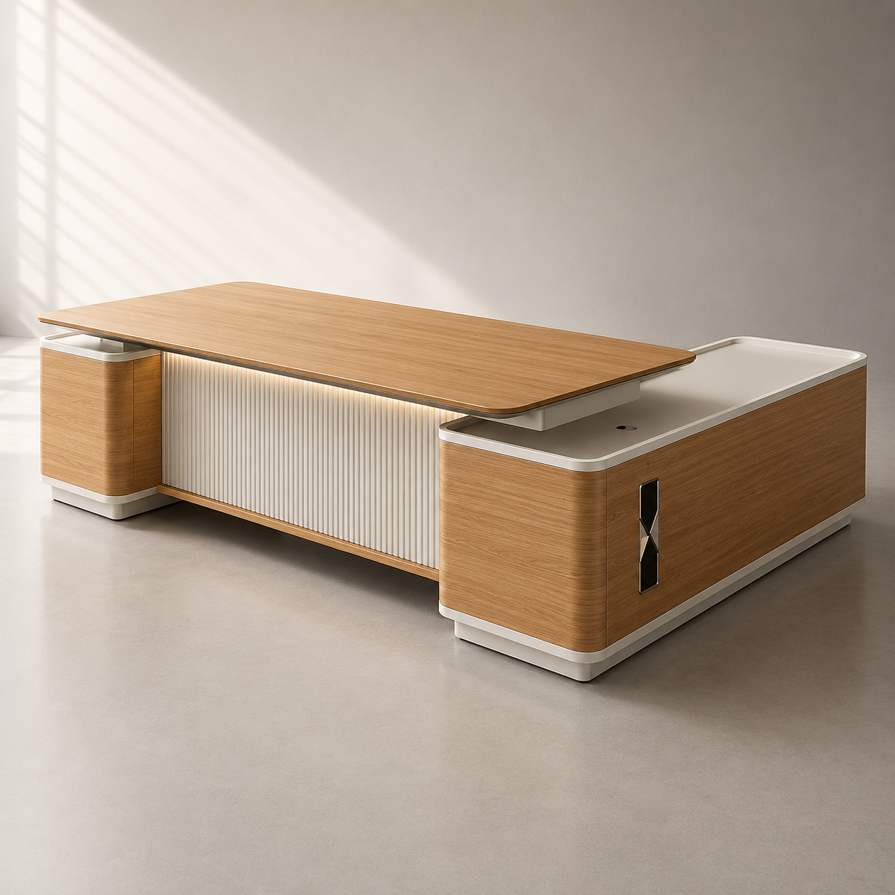 Director Office Table with Side Storage Unit, Luxury Executive Desk for CEO, Directors and Premium Corporate Interiors