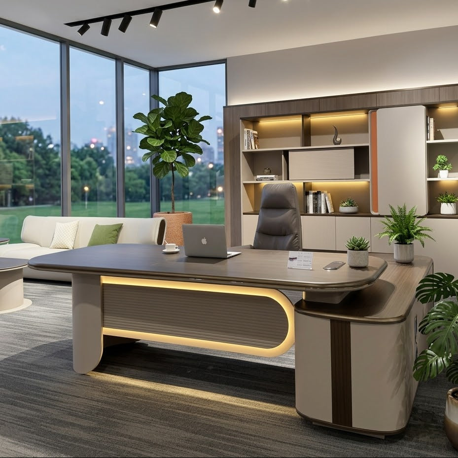 Director Office Table with Side Storage Unit, Luxury Executive Desk for CEO, Directors and Premium Corporate Workspaces