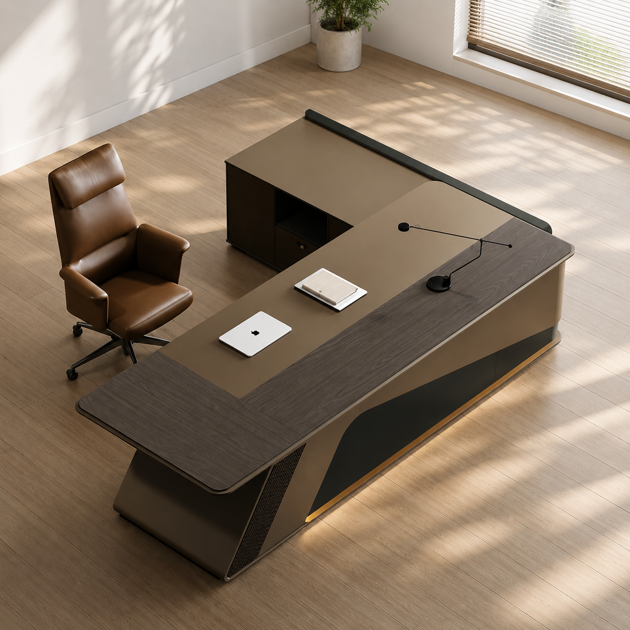 Modern Executive Director Table with Side Credenza Storage | Luxury CEO Office Desk for Corporate Cabin & Manager Workspace