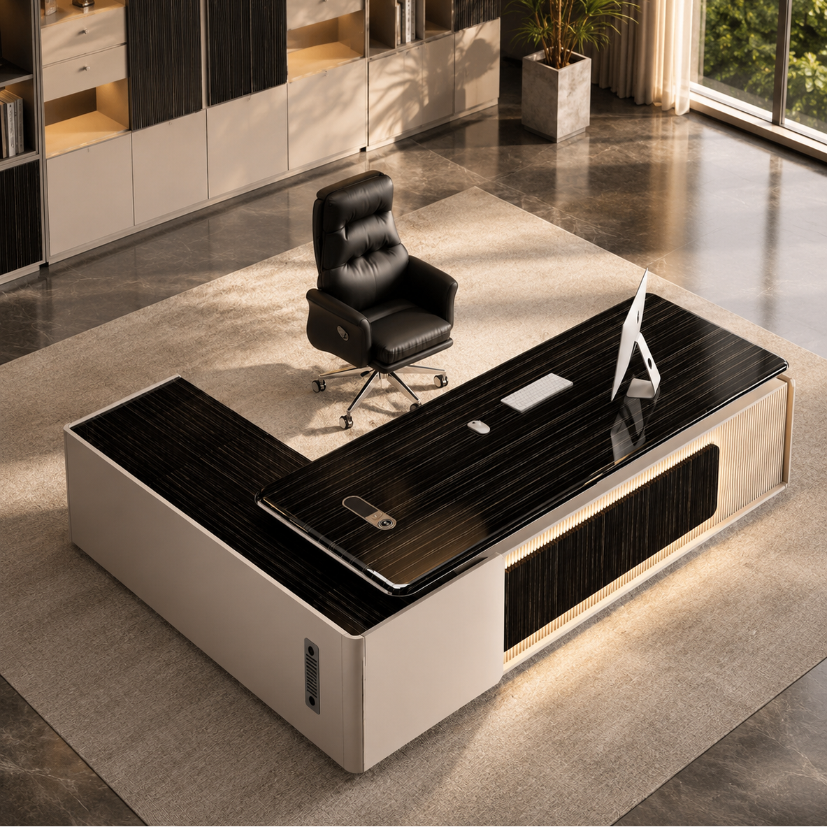 Modern Luxury L Shape Director Office Table with Side Storage Unit | Executive CEO Desk for Corporate Cabin & Premium Workspace