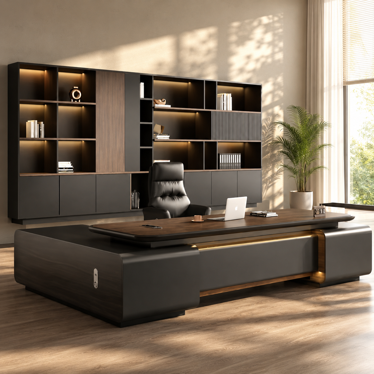 Luxury L Shape Director Office Table with Side Credenza Storage | Executive CEO Desk for Corporate Cabin & Modern Workspace